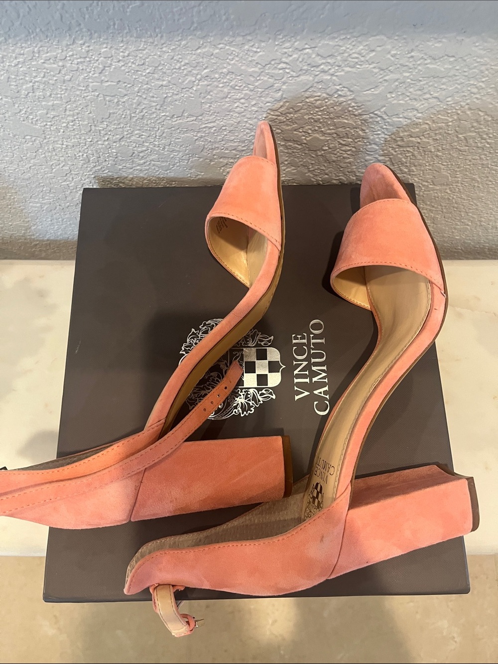 Vince Camuto Flamingo Pink Suede Block Heel Sandals - Picture 6 of 7
